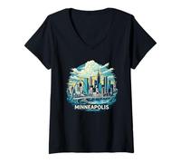 Donna Vintage Minneapolis Minnesota Sunset Skyline Cityscape Retro Maglietta con Collo a V