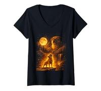 Donna Vintage Moonlight Cane Divertente Pug Ululando alla Luna Maglietta con Collo a V