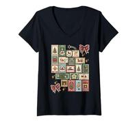 Donna Vintage Natale Francobollo Collage Design Maglietta con Collo a V