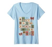 Donna Vintage Natale Francobollo Collage Design Maglietta con Collo a V
