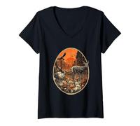 Donna Vintage Natura Illustrazione Cervo Coniglio Gufo Foresta Maglietta con Collo a V