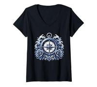 Donna Vintage Nautico Bussola Rose Onde Oceano Barca Nave Vela Maglietta con Collo a V