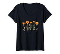 Donna Vintage Orange California Poppy Fiore Maglietta con Collo a V