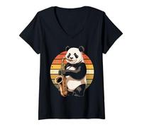 Donna Vintage Panda Suonare Sassofono Jazz Sax Musicista Saxophonis Maglietta con Collo a V