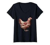 Donna Vintage Patchwork Pollo Country Farmhouse Gallina Maglietta con Collo a V