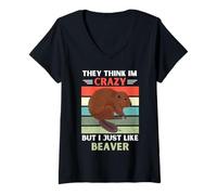 Donna Vintage pensano Che io Sia Pazzo, ma Mi Piace Solo Beaver Lover Maglietta con Collo a V