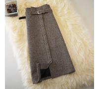 Donna Vintage Pied De Poule Midi Spacco Matita con Cintura Caldo Inverno