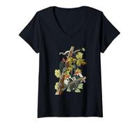 Donna Vintage Pileated Picchio Uccelli Illustrazione Uomini & Donne Maglietta con Collo a V