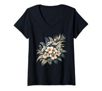 Donna Vintage Plumeria Bianco Floreale Tropical Bloom Estate Maglietta con Collo a V