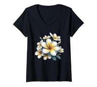 Donna Vintage Plumeria Bianco Floreale Tropical Bloom Estate Maglietta con Collo a V