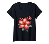 Donna Vintage Plumeria Rosso Floreale Tropical Bloom Estate Maglietta con Collo a V