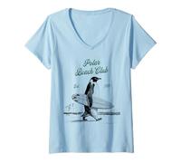 Donna Vintage Polar Beach-Club Pinguino Surfer Maglietta con Collo a V