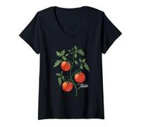 Donna Vintage Pomodoro Pianta Illustrazione Pomodoro Classico Maglietta con Collo a V