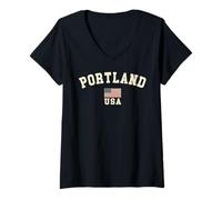 Donna Vintage Portland USA bandiera americana Oregon souvenir retrò Maglietta con Collo a V
