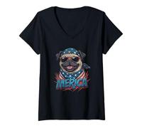 Donna Vintage Pug 4 luglio Merica Maglietta con Collo a V
