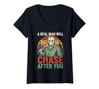 Donna Vintage Real Man Will Chase After You Halloween Personaggio Maglietta con Collo a V