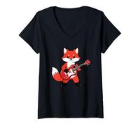 Donna Vintage Red Fox Punk Music Playing Guitar Maglietta con Collo a V