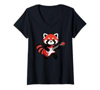 Donna Vintage Red Panda Punk Music Playing Guitar Maglietta con Collo a V