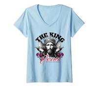 Donna Vintage Religioso Cristiano Dio Fede Gesù Cristo Il Re Maglietta con Collo a V