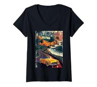 Donna Vintage Retro Auto Autostrada California West Coast Traveler LA Maglietta con Collo a V