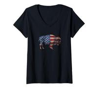 Donna Vintage Retro Bisonte Bandiera Americana Buffalo Semplice Maglietta con Collo a V