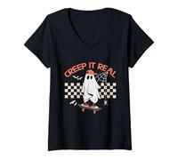 Donna Vintage Retro Halloween Creep It Real Ghost Boy Stagione Autunno Maglietta con Collo a V