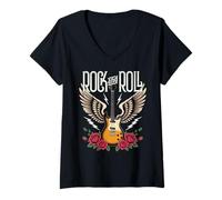 Donna Vintage Retro Style 70s 80s Guitar with Wings Rock And Roll Maglietta con Collo a V