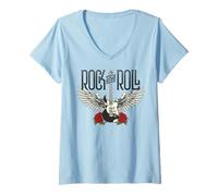 Donna Vintage Retro Style 70s 80s Guitar with Wings Rock And Roll Maglietta con Collo a V