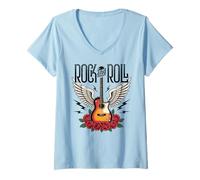 Donna Vintage Retro Style 70s 80s Guitar with Wings Rock And Roll Maglietta con Collo a V
