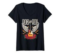 Donna Vintage Retro Style 70s 80s Guitar with Wings Rock And Roll Maglietta con Collo a V
