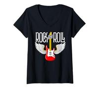 Donna Vintage Retro Style 70s 80s Guitar with Wings Rock And Roll Maglietta con Collo a V