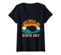 Donna Vintage Retro Style Pine Tree New Zealand Bird Lovers Kiwi Maglietta con Collo a V