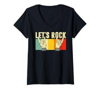 Donna Vintage Retro Style Playing Music Guitar Forever Let's Rock Maglietta con Collo a V
