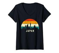 Donna Vintage Retro Style Skyline Landscape Japanese Sunset Japan Maglietta con Collo a V