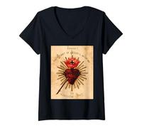 Donna Vintage Sacro Cuore di Gesù Regali Cattolici Arte Tradizionale Maglietta con Collo a V