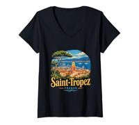 Donna Vintage Saint Tropez Francia Viaggio Souvenir Regalo Maglietta con Collo a V