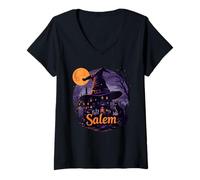 Donna Vintage Salem Massachusetts Halloween Skyline Cityscape Maglietta con Collo a V