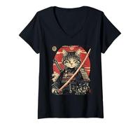 Donna Vintage samurai gatto guerriero, giapponese anime poster art Maglietta con Collo a V