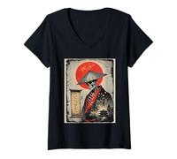 Donna Vintage Samurai Scheletro Giappone Giapponese Ukiyo-e Arte Grafica Maglietta con Collo a V