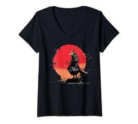 Donna Vintage Samurai Volpe Guerriero Giapponese Stile Ukiyo-e Maglietta con Collo a V