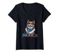 Donna Vintage Shetland Sheepdog 4 luglio Merica Maglietta con Collo a V