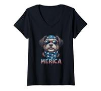 Donna Vintage Shih Tzu 4 luglio Merica Maglietta con Collo a V
