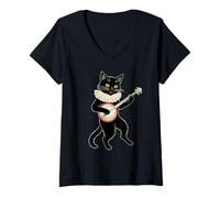 Donna Vintage Silly Weird Cat Playing Banjo Country Cat Lover Maglietta con Collo a V