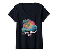 Donna Vintage South Beach 2026 Viaggio Nuoto Vacay Cugini Compleanno Maglietta con Collo a V