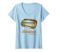 Donna Vintage Tin Sardine in scatola in olio d'oliva Retro Mediterraneo Maglietta con Collo a V