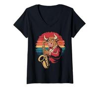Donna Vintage Toro Suonare Sassofono Jazz Sax Musicista Sassofonista Maglietta con Collo a V