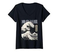 Donna Vintage Ukiyo-e Giapponese Kanagawa Hokusai Grande Onda Maglietta con Collo a V