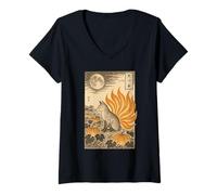 Donna Vintage Ukiyo-e Mitologia Giapponese Fox Sumi-e Maglietta con Collo a V