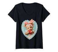 Donna Vintage Valentine Bear con Cuore Romantico Animale Coquette Maglietta con Collo a V