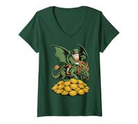 Donna Vintage Verde Irlandese Celtico Leprechaun Vichingo Drago Mito Maglietta con Collo a V